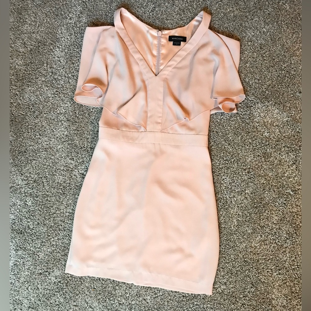 Marciano Light Pink Cocktail Mini Dress with Flowy Cold Shoulder Sleeves